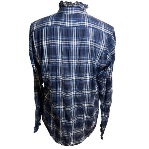 Nili Lotan Vivian Tribeca Design Shirt Navy White Plaid Ruffle Neck Medium - Picture 4 of 12